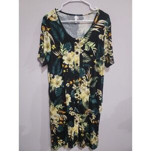 DB MOON Womens Black Floral Pattern Hawaiian Tropical Midi Dress XL Pockets